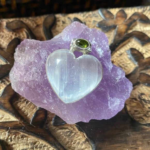 Selenite and Chrome Diopside Solid Sterling Silver Pendant - Picture 3 of 10